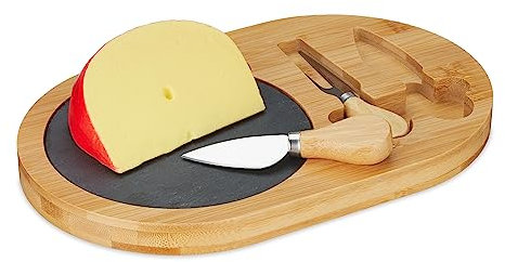 Relaxdays Set Tabla de Quesos, Bandeja Embutidos con 2 Cubiertos, Plato Pizarra, 28 x 18 cm, Bambú, Natural y Negro, Acero Inoxidable