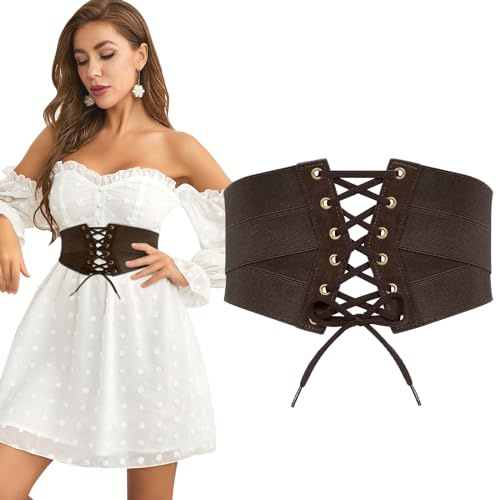 JasGood Cinturón Elástico de Corsé Para Mujer, Cintura Alta y Ancha, Estilo Retro, Para Vestido y Halloween Cosplay, Café, Talla Ajustable 103-114cm