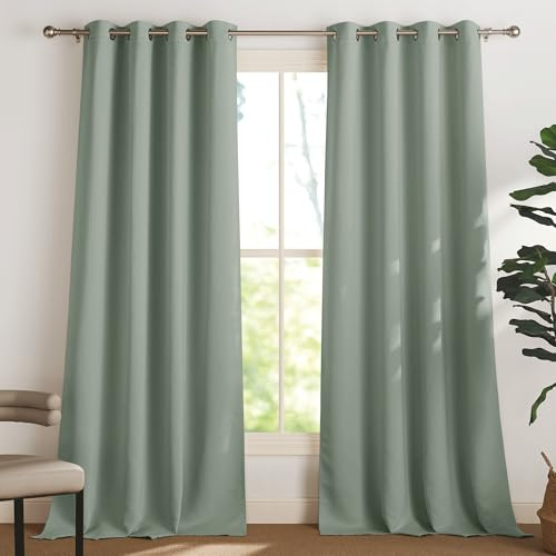 PONY DANCE Tenda Oscurante da Interno Cameretta Bambini Tende Salotto Moderne 2 Pezzi L 140 x A 300 cm Blackout Curtains Termiche per Soggiorno con Anelli, Verde Salvia