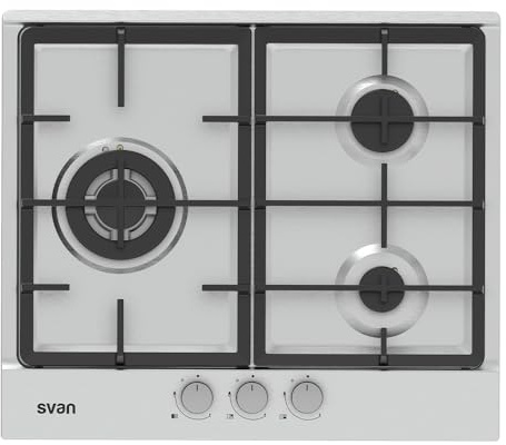 Svan Encimera de Gas Inox SGW3600X. Potencia máx. 6750 kW, 3 Quemadores, Quemador WOK triple llama, con Ignición Automática, Parrillas Forjadas, Incluye Kit de Conversión Gas Natural