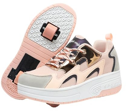 Mateju Chaussures à roulettes Fille Garçon, 2 en 1 Patins à roulettes Retractable Enfant avec 2 roulettes Mode Chaussures de Skateboard Réglables Adolescents pour Intérieur Extérieur 34-42EU