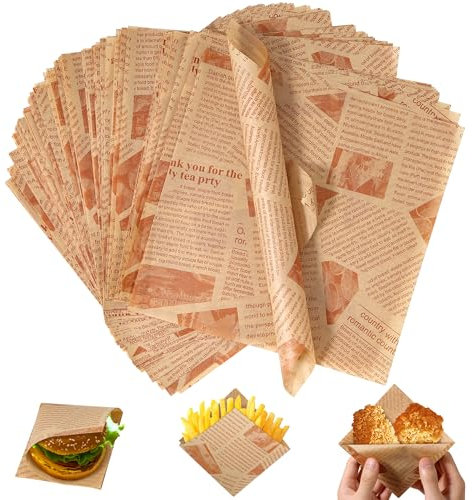 200 hojas de papel de hornear, aspecto de periódico vintage, hamburguesas, papel para hamburguesas, papel de pan, para cestas de alimentos y forros de bandejas (22 x 22 cm)