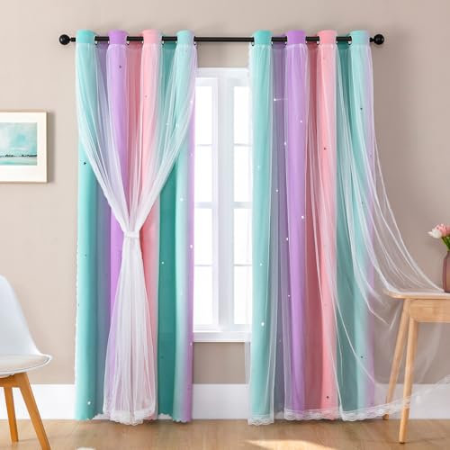 XiDi Blackout Curtains for Girls Bedroom 52x54 Inch Privacy Protection Draperies Double Layer Pink Curtains with Net for Nursery Living Room 2Pcs