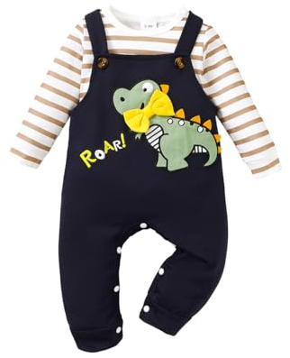 UUAISSO Vestiti per Neonato Maglie a Maniche Lunghe a Righe con Stampa di Dinosauri Tuta Regolabile con Bretelle Pantaloni Set di Abiti Marrone 6-12 mesi