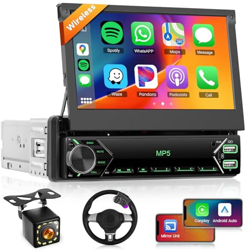 7 inch Single Din Flip-Out Touch Screen Car Stereo with Wireless Carplay & Android Auto, Hodozzy 1 Din Car Radio with Bluetooth, Mirror Link, Online Video, FM, AUX, USB/Type-C Ports, Reversing Camera