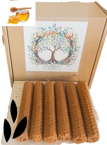 YA-DECCOREGALOS 6 Velas de Cera de Abeja Natural con Canela + 2 Palos Santos XL Mecha de Algodón, Sin Parafina, 10 cm x 3 Hechas a mano