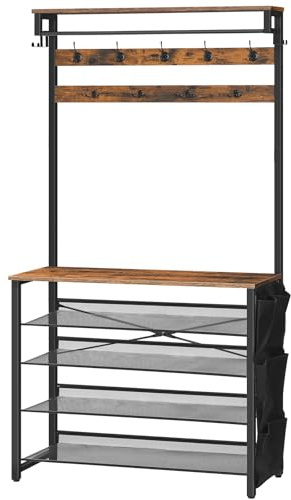 HOOBRO Coat Stand, Coat Rack with Shoe Storage, Hall Tree with Tiltable Mesh Shelves, 4 Removable Hooks, Side Storage Pocket, Shoe and Coat Rack for Hallway, Living Room, Rustic Brown EBF76MT01