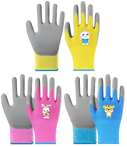 Horktrust Guantes Jardineria Niños -Gguantes Jardineria-Pack de 3 Pares - Guantes de Trabajo con Agarre Antideslizante para Jardín, Aire Libre y Actividades Creativas - Tallas Niños 8-12 Años
