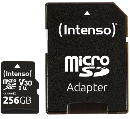 Intenso Professional microSDHC 256 GB klass 10 UHS-I, U3, V30 minneskort inklusive SD-adapter, för 4K-inspelningar, GoPro, Insta 360, DJI, Osmo, Steam Deck, drönare, actionkamera, svart | Micro SD-kort med adapter för 4K-videor, DJI drönare, Nintendo Switch och Steam Deck, läshastighet 100 MB/s