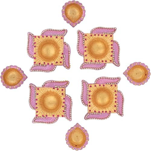 Decorated Terracotta Diya | Assorted Shapes in Pastel Pink & Blue | Handmade Clay Oil Lamps for Diwali Pooja, Temple, Home & Festive Decoration (10)