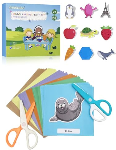 GutSache Kinderschere Set mit 2 Scheren und 48 Bastelpapier, Bastelset für Kinder ab 3 Jahre, Montessori Lernspielzeug für Feinmotorik, Vorschule & zu Hause, Ideales Mitgebsel Gastgeschenk