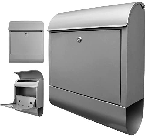 banjado Design Briefkasten 39x47x13cm groß mit 2 Schlüssel - Briefkasten Stahl Silber grau mit Zeitungsfach pulverbeschichtet - Postkasten A4 Einwurf inkl. Montagematerial