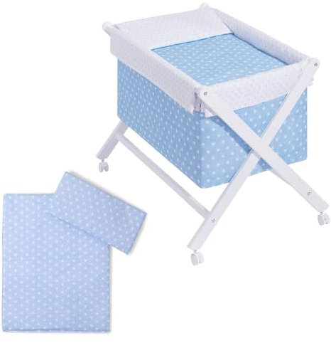 Interbaby Cuna Colecho Minicuna Colecho Madera | Minicuna Plegable, Cómoda, Montaje Sencillo | Cuna Bebe Patas en Tijera, Ruedas con Frenos, Edredón Desenfundable | Star Azul