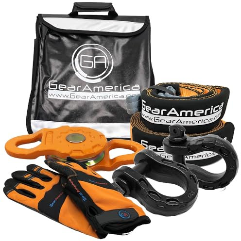 GearAmerica Off-Road Mega Kit de recuperación | Correa de remolque + Protector de árbol + Bloque Mega Snatch + Mega grilletes negros + Bolso amortiguador Winch Line + Guantes | Accesorios 4x4