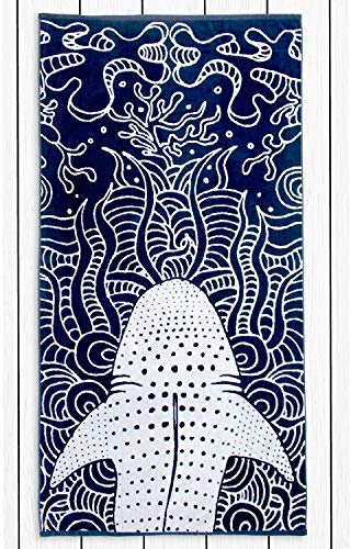 RESTILO Grande Serviette de Plage en 100% Coton, 90 x 180 cm, Double Face, Couverture de Plage Absorbante, Drap de Bain, Bleu Foncé, Bleu Marine, Bleu, Blanc, Shark