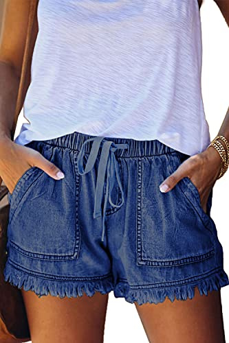 HVEPUO Womens Fashion Cotton on Drawstring Jeans Shorts Soft tie Pull on for Summer Loose Casual mid Rise Boyfriend Denim 5 Shorts with Elastic Waistband mom Shorts Back Pockets Nary Blue M