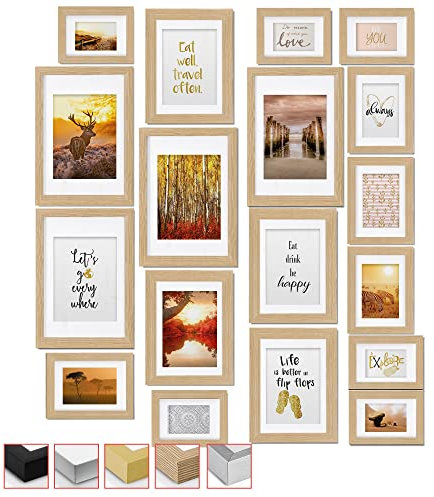 bomoe 18er Bilderrahmen Set – 6x 10x15 cm, 4x 13x18 cm, 4x 18x24 cm, 4x 20x30 cm Fotowand Bilder Set Holz & Kunststoffglas Holzbilderrahmen mit Passepartout Eiche
