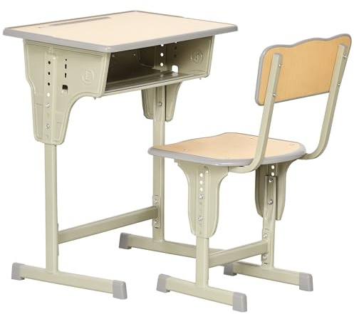 HOMCOM Bureau Enfant Vintage Style pupitre d'écolier - Ensemble Bureau et Chaise réglable - Case de Rangement, Bracket, Range-stylos - Acier Kaki MDF Aspect Bois Clair