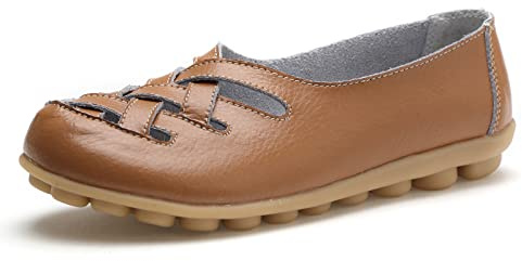 MACHSWON Mocasines de cuero cómodos para mujer, mocasines casuales de punta redonda, zapatos planos de conducción salvaje, zapatos suaves para caminar en barco para mujer, marrón claro, 39 EU