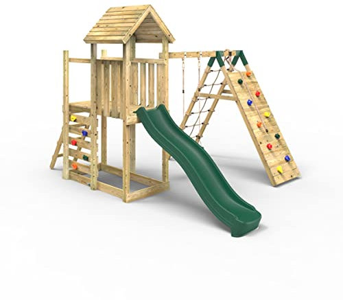 Rebo® Extended Tower Wooden Climbing Frame with Swings and Slide - Bear | OutdoorToys | Kids' Outdoor Wooden Garden Play Equipment, Children's Jungle Gym