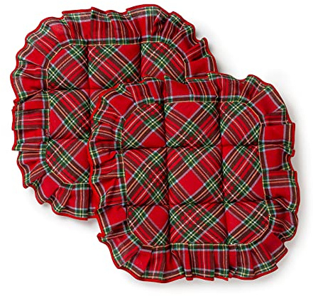 PARAMAISON Cuscini Coprisedie Natalizi Trapuntato, Design Tartan, Set da 2 pezzi, Fissaggio con Alette, Addobbi Natale per Cucina, Ottima Idea Regalo, 40x40x3,5 cm