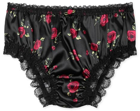 Satini Satin Gerüschte Spitze Sissy French Knickers Slips Höschen Unterwäsche (Schwarz - rote Rosen, XXL)