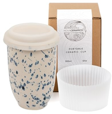 NOVA CERAMICS Travel Mug - Travel Size Mug – Reusable Coffee Mug Unique to Go Mug – Microwave & Dishwasher Safe Coffee White & Blue Tumbler - Gifts for Women Men Him Her – 12oz – Orchid