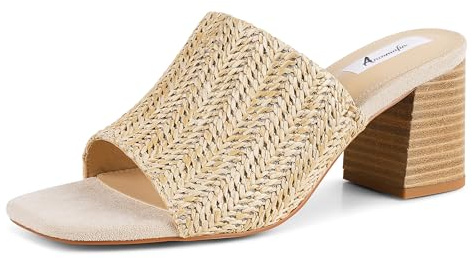 Ancomafio Women's Heeled Sandals Raffia Heels Square Open Toe Sandals Backless Mules Slip On Block Sandals Nude Size 7
