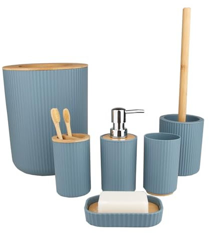 BM Set di Accessori da Bagno in Bambù e Plastica, Set Accessori Bagno Completo 6 Pezzi, Dispenser, Portaspazzolino, Bicchiere, Portasaponetta, Portascopino, Pattumiera (Blu Avio Rigato)