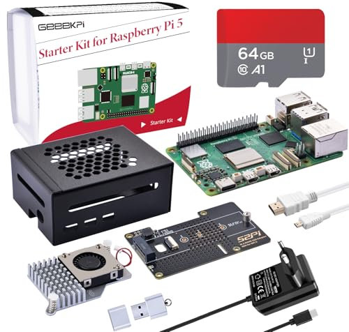 GeeekPi Starter Kit for Raspberry Pi 5 8GB, with N04 M.2 NVMe SSD PCIe Peripheral Board, Metal Case, Official Active Cooler, 64GB SD Card, HDMI Cable And 27W USB C 5.1V 5A Power Supply