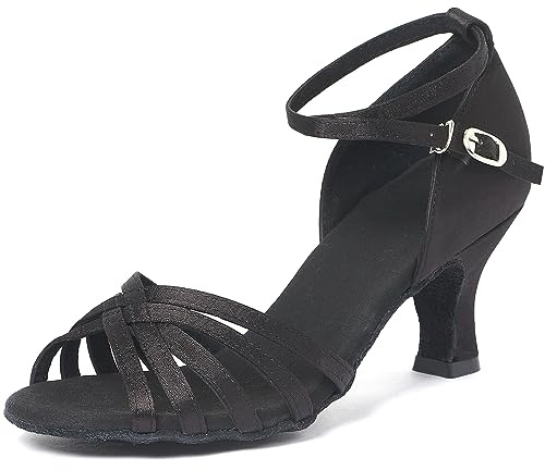 iCKER Women's Latin Dance Shoes Satin Professional Ballroom Salsa Practice Performance Dance Shoes Black-Leather