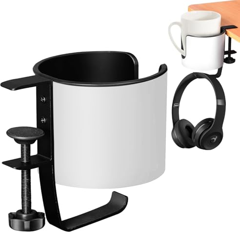 EACHPT Portavasos de Escritorio 2 en 1 con Colgador para Auriculares,Portavasos Antiderrames para Escritorio o mesa Portavasos Lateral de Mesa,Portavasos de Escritorio, Portavasos de Mesa Colgante