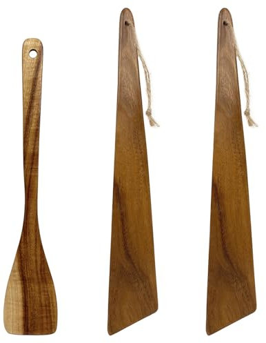 UPTALY 1 spatola sottile in legno per omelette (27 cm), 2 raschietti da cucina angolati (30 cm), legno di acacia, spatola piccola in legno, per uova fritte, per padelle e mini padelle (A3)