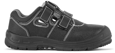 Portwest FS70 Steel Sandal S1P Action Leather Mesh Breathable Velcro Slip Oil Resistant Anti Static Dual Density Steel Toe Midsole Safety Footwear, Black/Grey 39