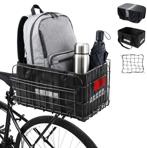 Panier de Vélo Pliable, Panier Arrière en Métal avec Sac Intérieur en Nylon et Housse Imperméable, Conception à Dégagement Rapide avec Filet à Bagages Elastique, S'adapte à la Plupart des Vélo