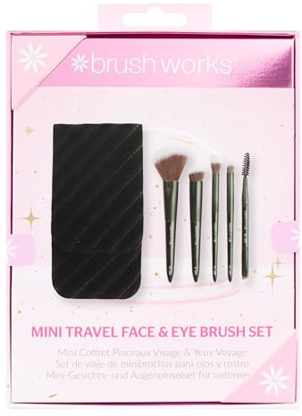 Brushworks Mini Travel Face & Eye Brush Set – 5 Piece Makeup Brush Kit with Velvet Storage Pouch, Soft Synthetic Bristles, Vegan Brushes for Liquid, Cream & Powder
