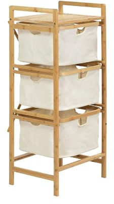BRINDEK Cajonera Auxiliar de bambú con 3 cajones de Tela Beige | Cómoda Estrecha Multiusos 44x33x96 cm para Dormitorio, baño o Armario | Mueble con Asas Laterales y balda Superior | Montaje fácil