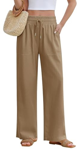Fashora Pantaloni Lino Donna Estivi Pantaloni Larghi Leggeri Comodi Vita Alta Pantaloni Solido Sciolto Gamba Dritta con 4 Tasche (Beige Scuro, XL)