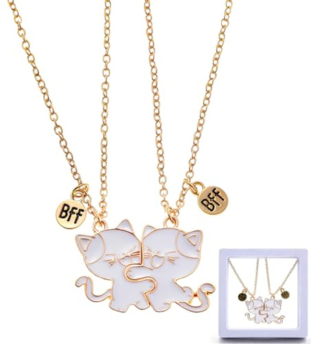 KAHZOR 2 pezzi Collane dell'amicizia BFF,per 2,Con scatola di conservazione,Magnetica con ciondolo a forma di gatto,Include 2 anelli a forma di gatto,Regalo di gioielli per amicizia