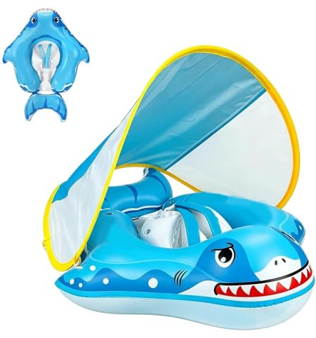 Flotteur De Natation Bébé avec Auvent Amovible SPF50+, Requin 3D Gonflable Flotteur Piscine avec Siège Sécurité Réglable, Antidérapant Sécurisé,pour Enfant 6-48 Mois