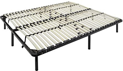 Metallbett Lattenrost 140x200 cm mit 56 Federholzleisten und Mittelzonenverstellung, Gästebett auf Füßen, Saugroboter und Unterbettbewahrung Freundlich - 28cm hoch - für alle Matratzen geeignet