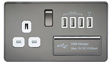 Knightsbridge SFAV7USB4BNW Screwless 1G 13A Switched Socket with Quad USB Charger 5V Dc 5.1A-Black Nickel with White Insert