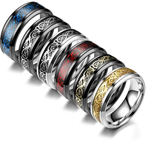 CASDAN 6Pcs 8mm Stainless Steel Celtic Dragon Rings for Men