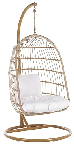 Poltrona Sospesa con Cesta in Corda di Poliestere Beige e Acciaio per Interno ed Esterno Boho