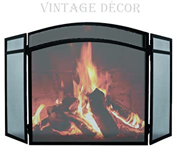 AuraHome® Wrought Iron Black Fire Screen Spark Safety Guard Classic Arched Tri-Fold Fireplace Premium Heavy Duty 61cm (H) X 96cm (W) Heavy Duty Mesh 5kg Premium Quality Folds Flat for easy storage