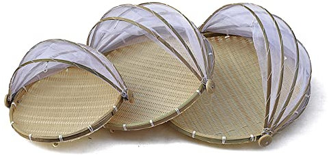 Bambuszelt Korb,Bambus Picknick Korb,Fliegenhaube Brot-Korb Picknickkorb Mit Gaze Obstschale,Obst Gemüse Brot Korb Lebensmittel Servierkorb Abdeckhaube Picknickkorb Kuchenabdeckung für Gemüse Brot