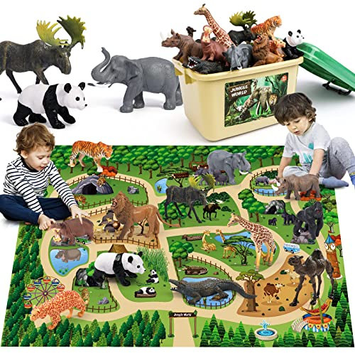 FRUSE Tiere Figuren Spielzeug mit 145x98cm Aktivität Spielmatte,12 Stück Realistische Tierfiguren mit Löwe,Tiger,Elefant,Safari Tiere Figuren Lernspielzeug Geschenke für Kinder Jungen Mädchen