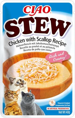 INABA Ciao - Stew Poulet & Pétoncles - Recipe Friandise pour Chat Humide - Délicieuse et Saine - Sauce - Plat d'accompagnement - Complément Naturel et sans Céréales - Pâtée pour Chat - 1 x 40g