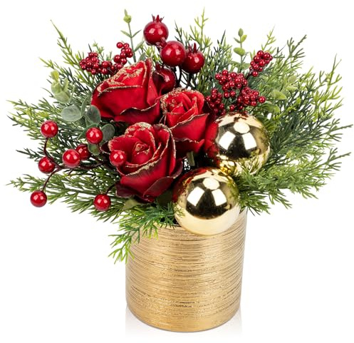 Oairse Mini Albero da Tavolo Artificiale in Vaso - Decorazione Natalizia con Rosa e Palle di Natale, Bacche per Decorazione Natalizia, Adatta per Cucina e Tavolo da Pranzo, Pianta da Interno