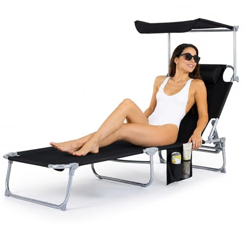 LIVIVO Folding Lounger Garden Chairs with Shade - Sturdy Zero Gravity Recliner Chairs with Side Pouch & Adjustable Headrest, Foldable Sunlounger, Lightweight Outdoor Chair Sunbed - Black